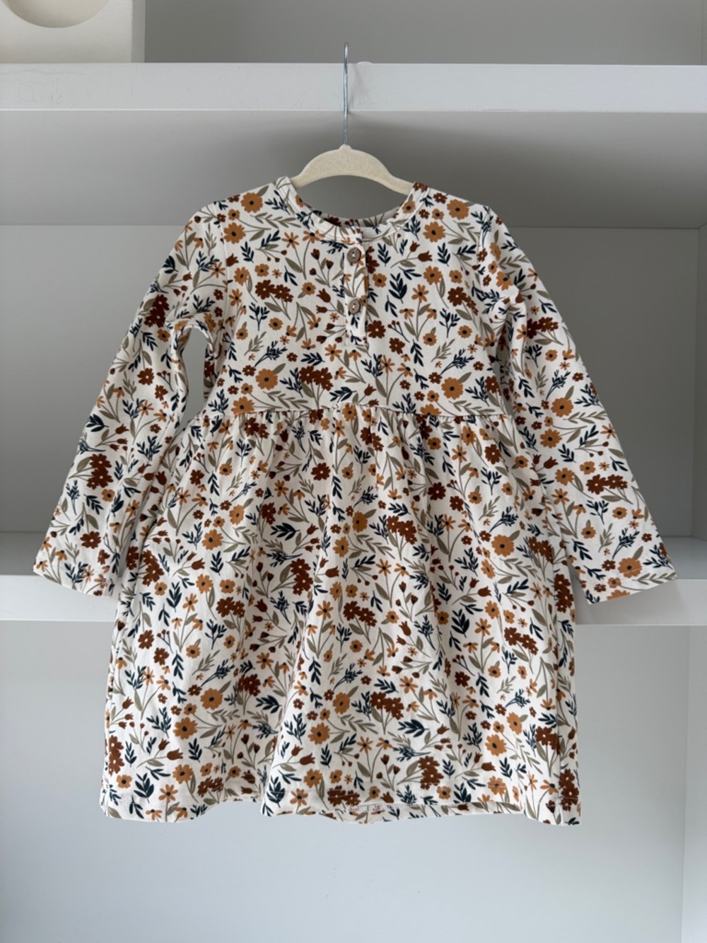 Mebie Baby Girls' Floral Long-Sleeve Dress - Cream with Brown & Mustard Flowers